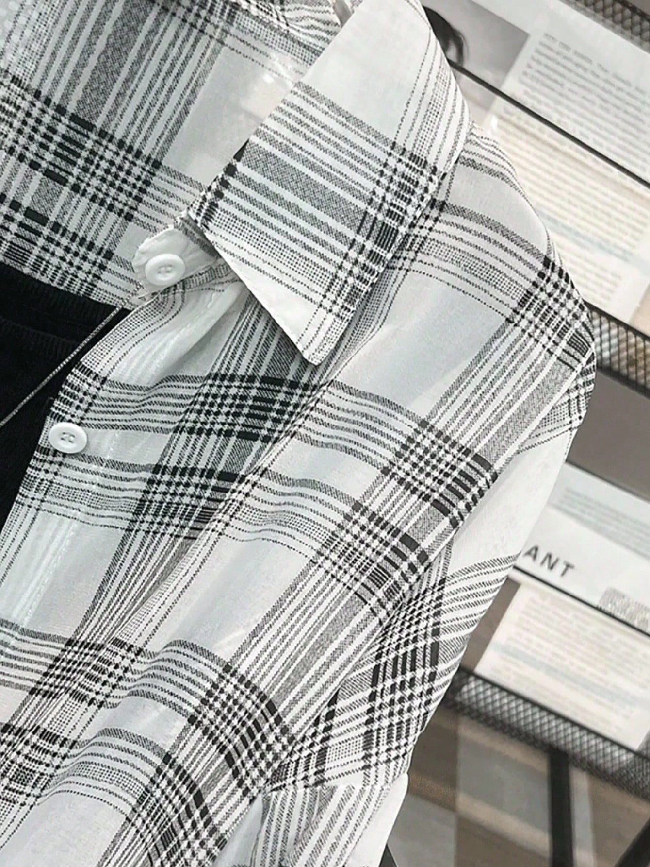 INAWLY Plus Size Women Casual Collegiate Style Printed Drop Shoulder Loose Curved Hem Plaid Shirt Fall Cloth For Women