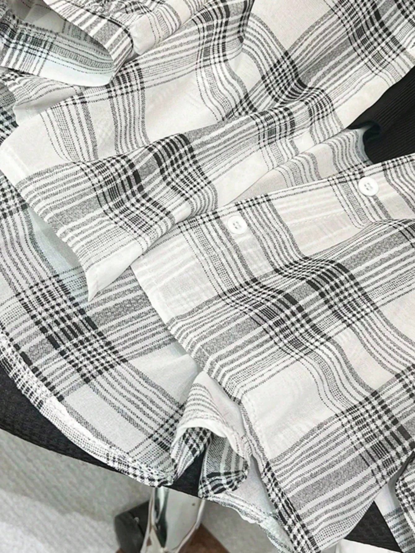INAWLY Plus Size Women Casual Collegiate Style Printed Drop Shoulder Loose Curved Hem Plaid Shirt Fall Cloth For Women