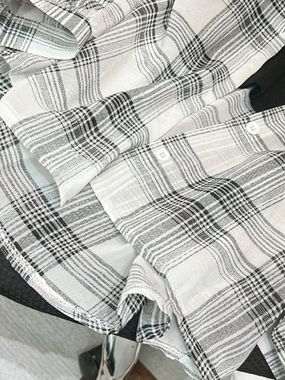 INAWLY Plus Size Women Casual Collegiate Style Printed Drop Shoulder Loose Curved Hem Plaid Shirt Fall Cloth For Women