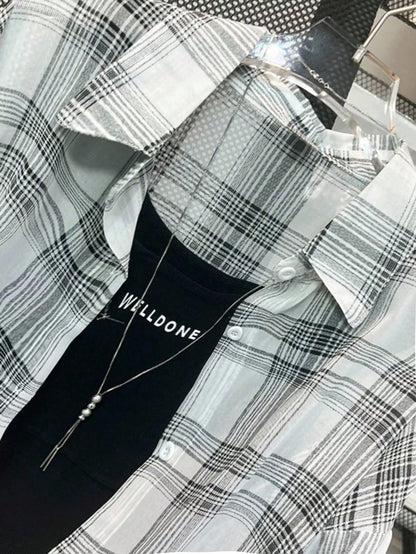 INAWLY Plus Size Women Casual Collegiate Style Printed Drop Shoulder Loose Curved Hem Plaid Shirt Fall Cloth For Women