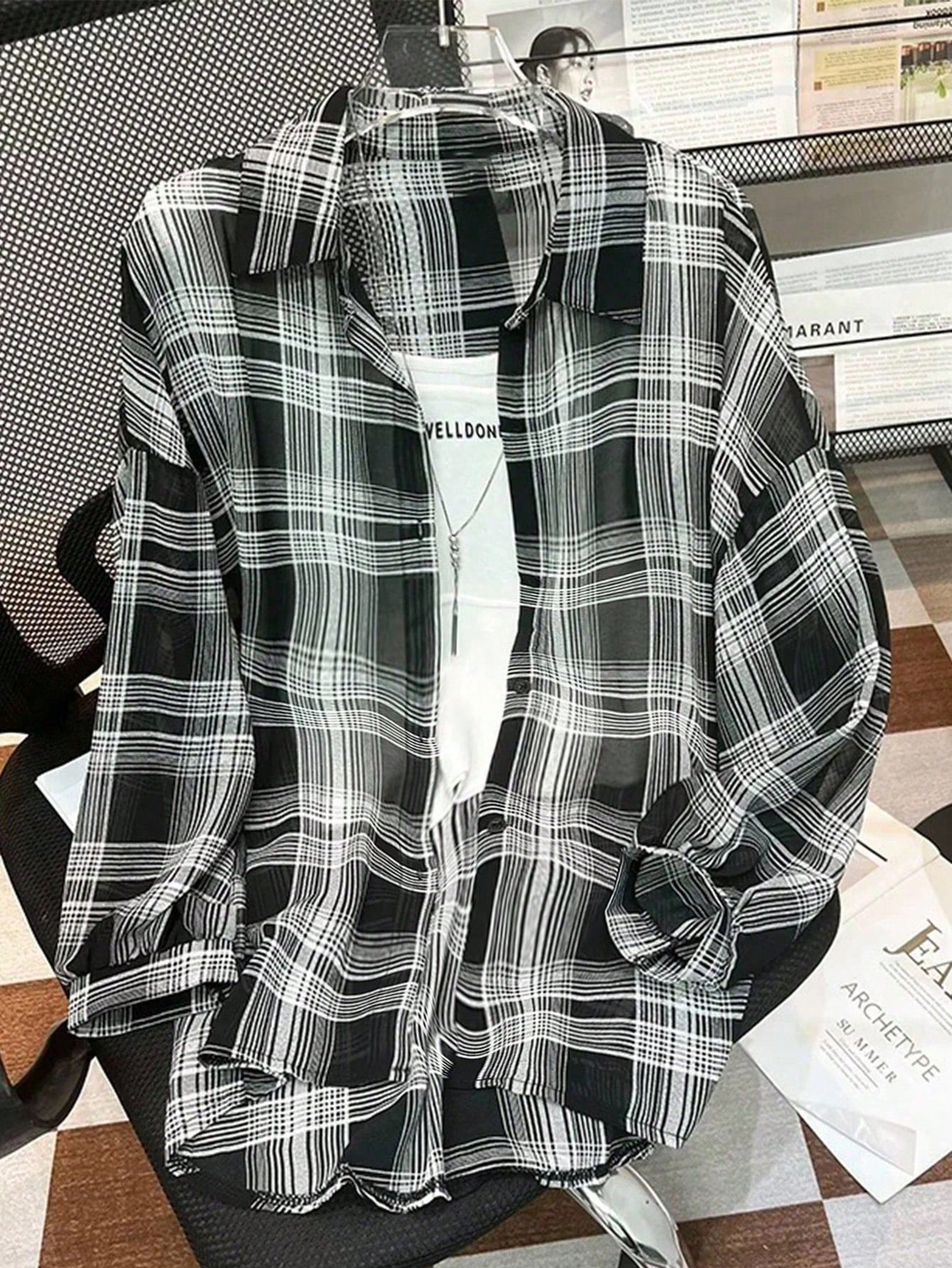 INAWLY Plus Size Women Casual Collegiate Style Printed Drop Shoulder Loose Curved Hem Plaid Shirt Fall Cloth For Women