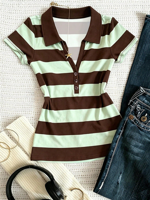 INAWLY Vintage College Style Striped Polo Shirt, Women's New Slim Fit Short V-Neck Short Sleeve T-Shirt Top For Summer