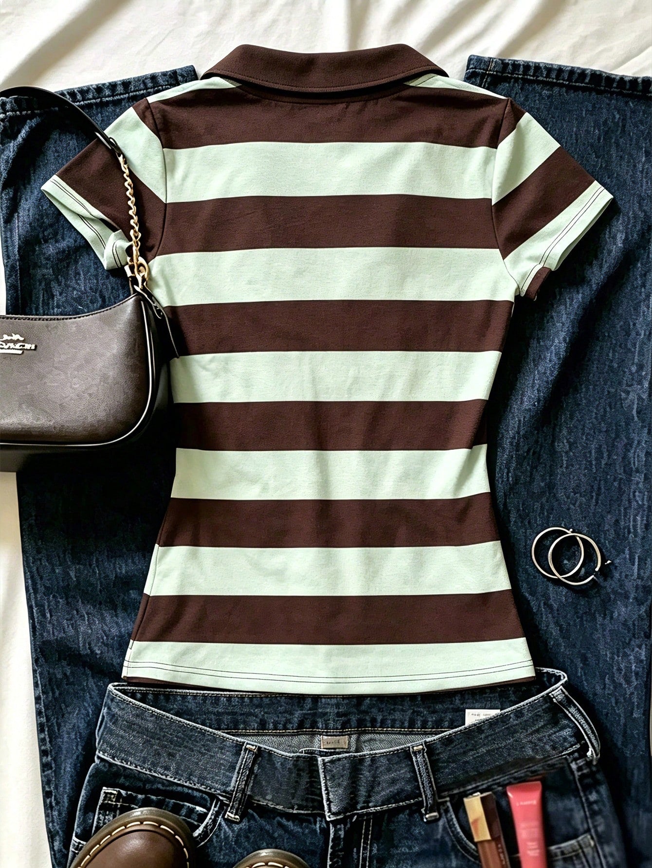 INAWLY Vintage College Style Striped Polo Shirt, Women's New Slim Fit Short V-Neck Short Sleeve T-Shirt Top For Summer