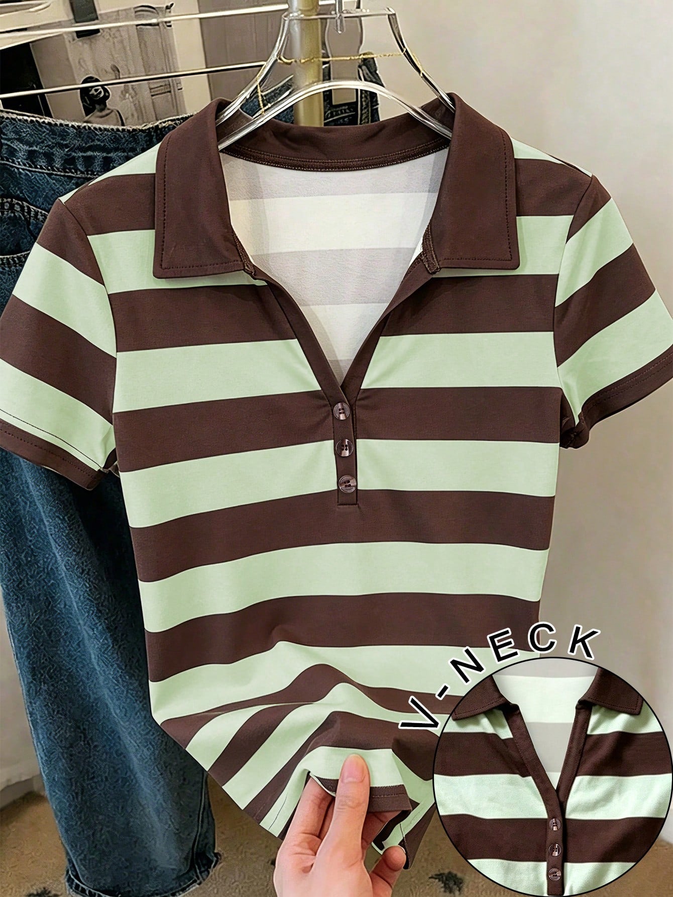 INAWLY Vintage College Style Striped Polo Shirt, Women's New Slim Fit Short V-Neck Short Sleeve T-Shirt Top For Summer