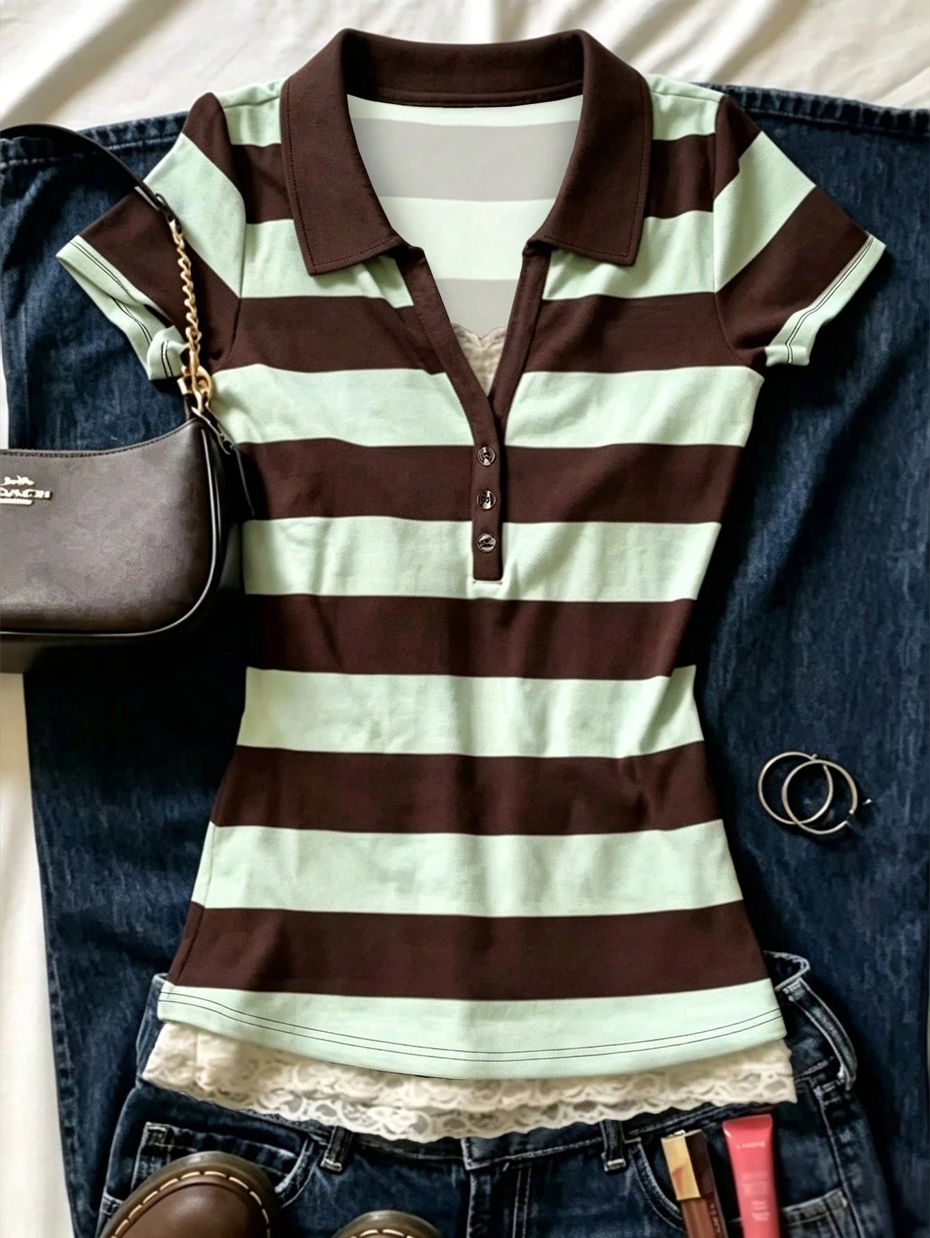INAWLY Vintage College Style Striped Polo Shirt, Women's New Slim Fit Short V-Neck Short Sleeve T-Shirt Top For Summer