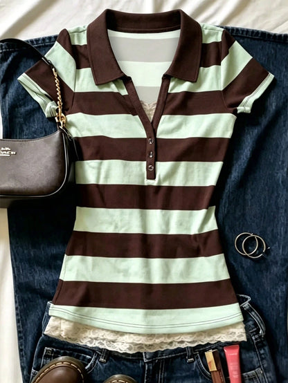 INAWLY Vintage College Style Striped Polo Shirt, Women's New Slim Fit Short V-Neck Short Sleeve T-Shirt Top For Summer