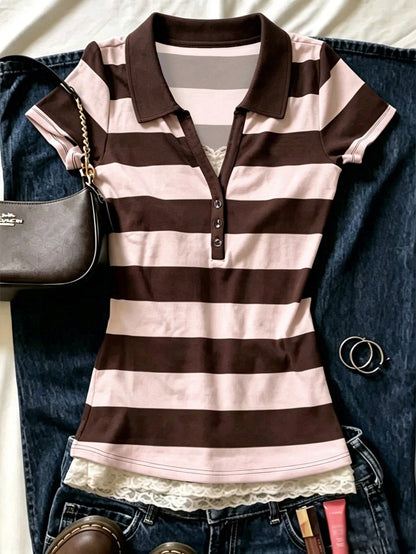 INAWLY Vintage College Style Striped Polo Shirt, Women's New Slim Fit Short V-Neck Short Sleeve T-Shirt Top For Summer