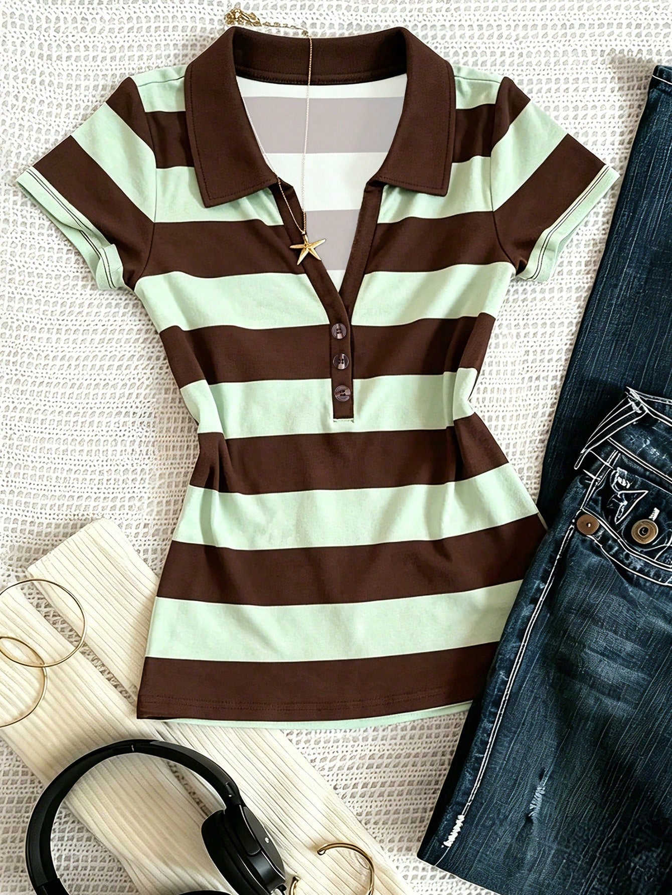 INAWLY Vintage College Style Striped Polo Shirt, Women's New Slim Fit Short V-Neck Short Sleeve T-Shirt Top For Summer