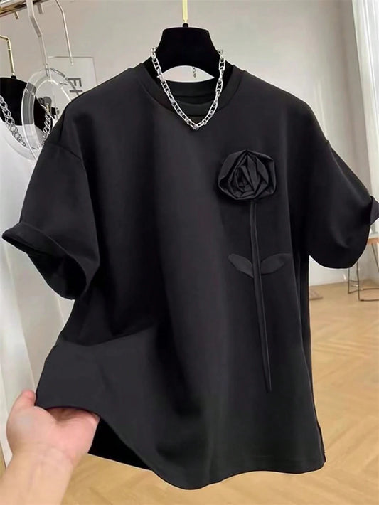 INAWLY Women's 3D Floral Print Crew Neck Short Sleeve Casual T-Shirt