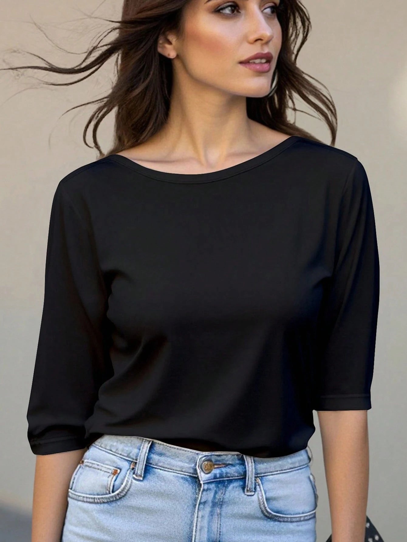INAWLY Women's Casual Versatile Solid Color Mid-Sleeve T-Shirt