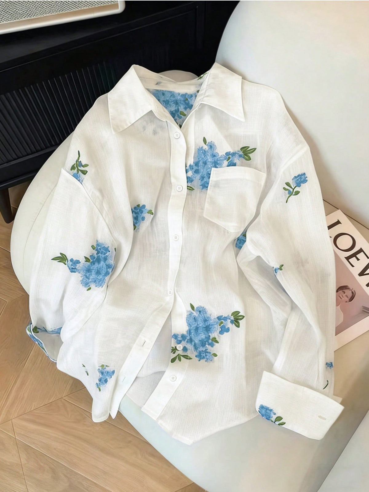 INAWLY Women's Fashion Casual Romantic Embroidered Floral Long Sleeve Button-Up Shirt