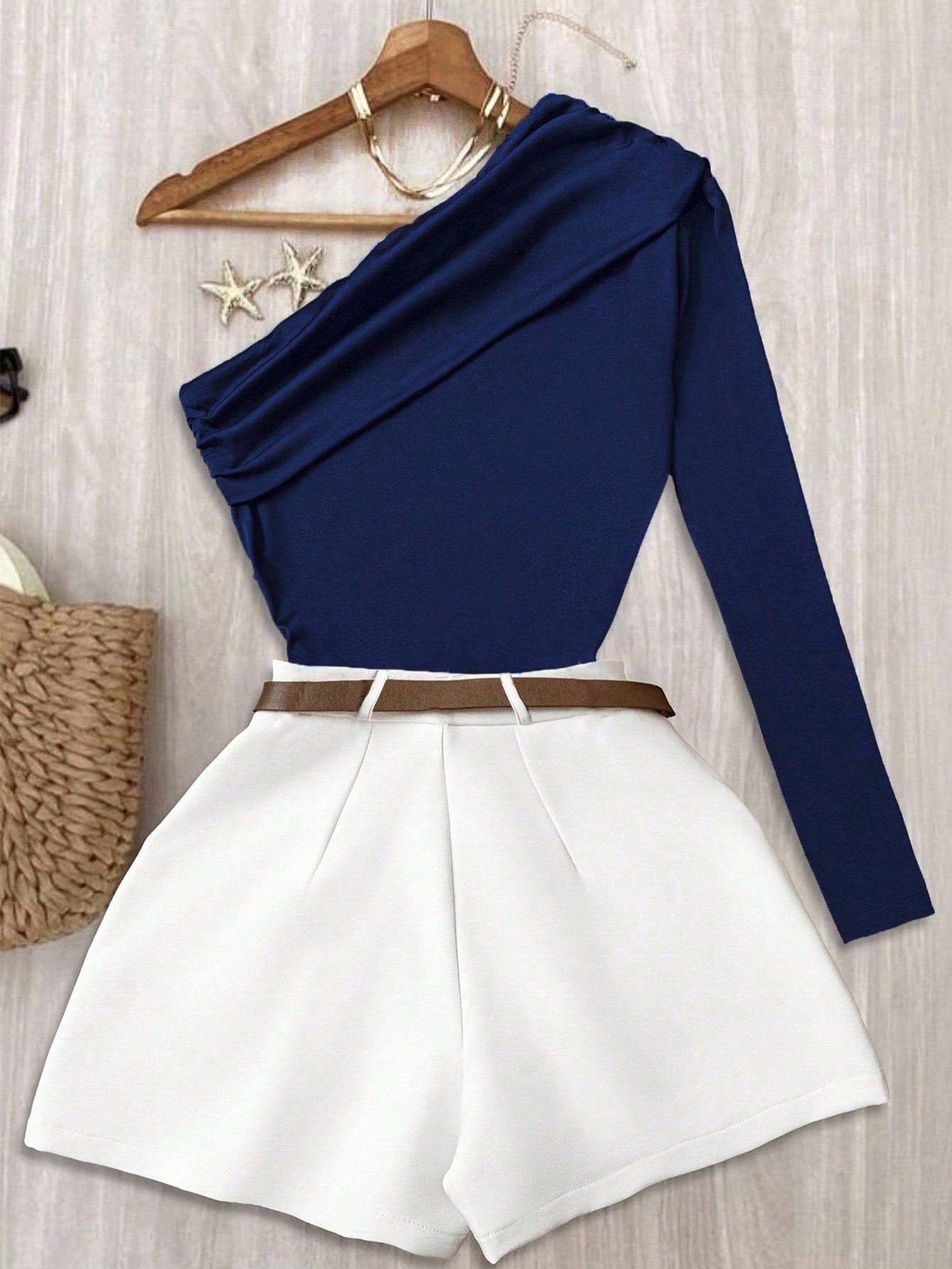 INAWLY Women's Fashion Solid Color Asymmetric Neck Top & Shorts 2 Pieces Set