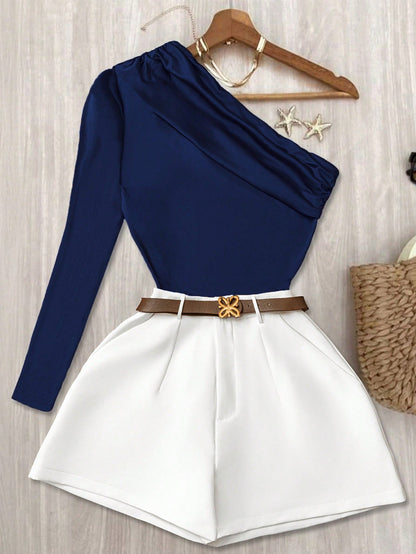 INAWLY Women's Fashion Solid Color Asymmetric Neck Top & Shorts 2 Pieces Set