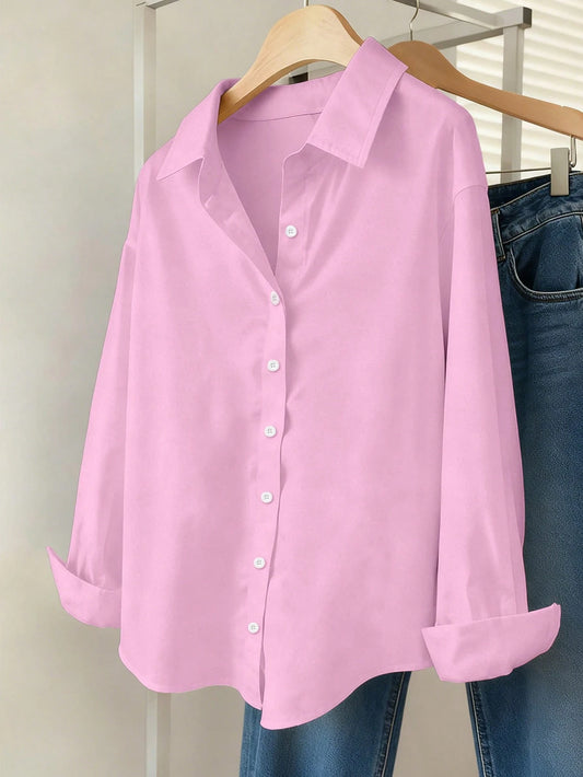 INAWLY Women's Solid Color Drop Shoulder Long Sleeve Single-Breasted Casual Shirt