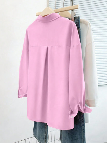 INAWLY Women's Solid Color Drop Shoulder Long Sleeve Single-Breasted Casual Shirt