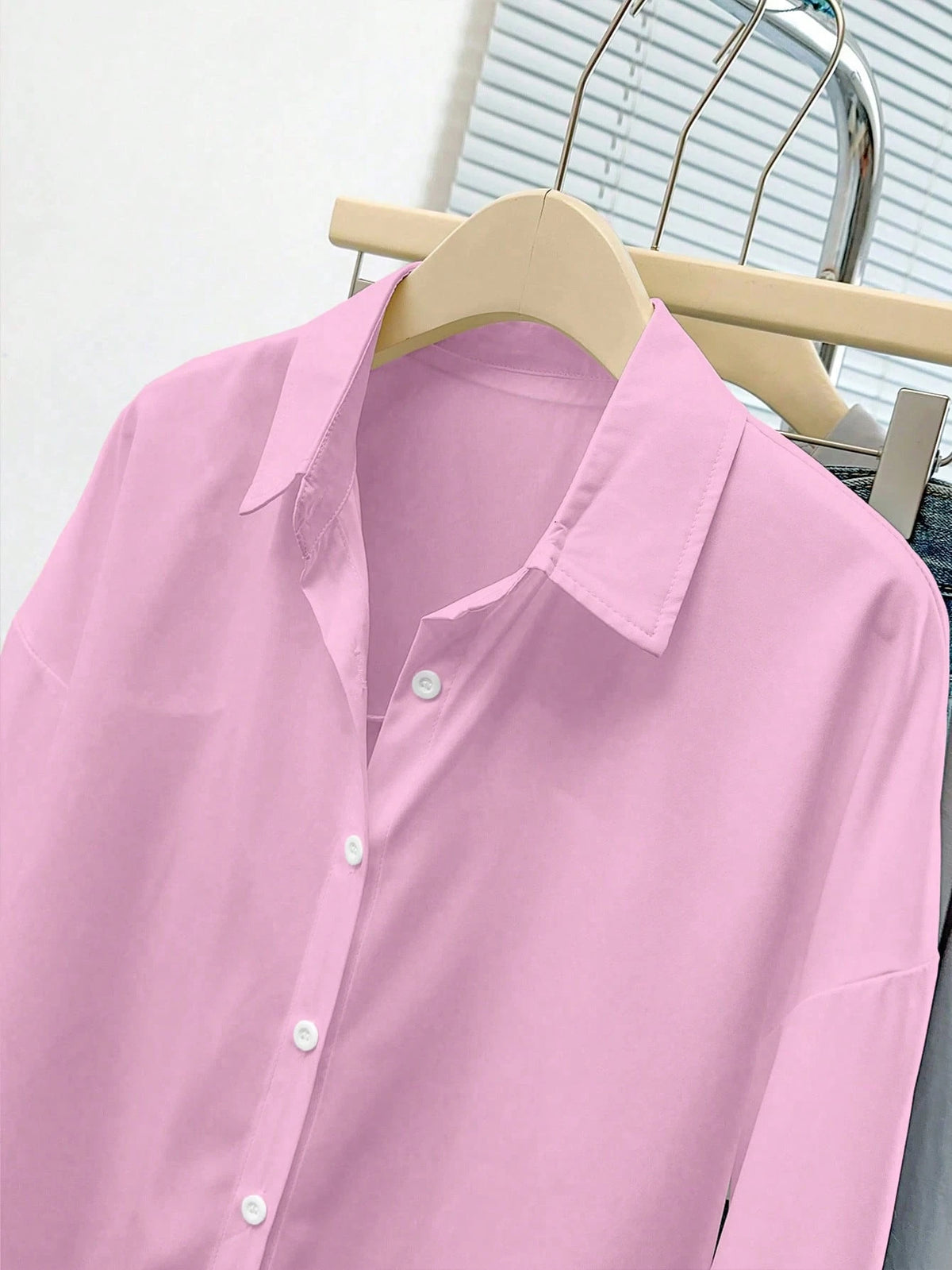 INAWLY Women's Solid Color Drop Shoulder Long Sleeve Single-Breasted Casual Shirt
