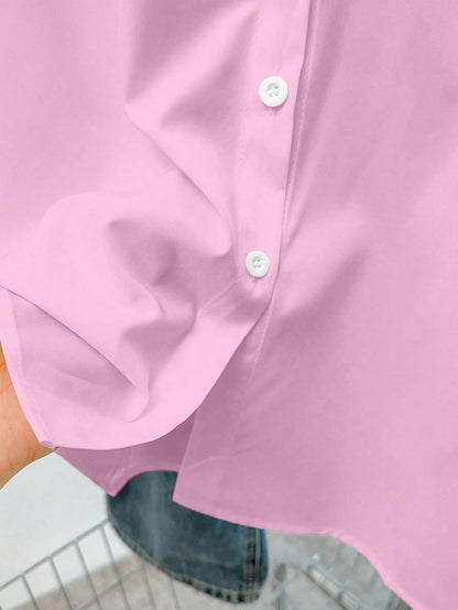 INAWLY Women's Solid Color Drop Shoulder Long Sleeve Single-Breasted Casual Shirt