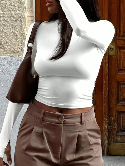 INAWLY Women's Solid Color Round Neck Long Sleeve Casual T-Shirt, Spring Summer Fall Cloth For Women