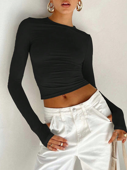 INAWLY Women's Solid Color Round Neck Long Sleeve Casual T-Shirt, Spring Summer Fall Cloth For Women