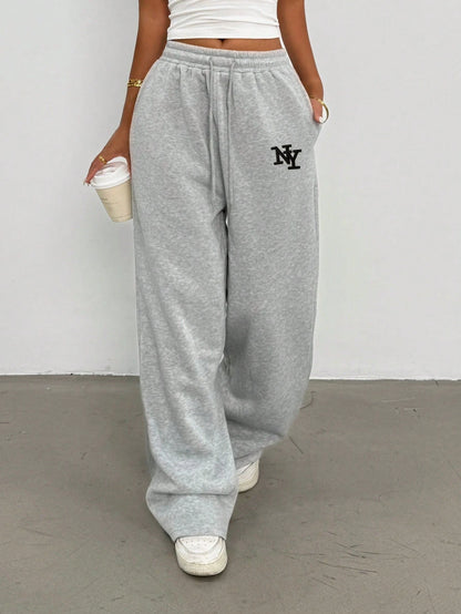 INAWLY Women's Winter Baggy Grey Casual Sweatpants,NY Letter Embroidered Straight Loose Long Pants For Gym,Elegant & Comfortable Design For Casual Outings