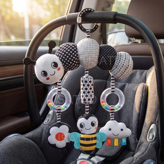 Infant Hanging Stroller And Car Seat Doll, Black & White High Contrast Animal Plush Rattle Doll, Newborn Sensory Plush Activity Doll, Suitable For 0-3-6-12 Months Baby Girls And Boys, Baby Shower Gift