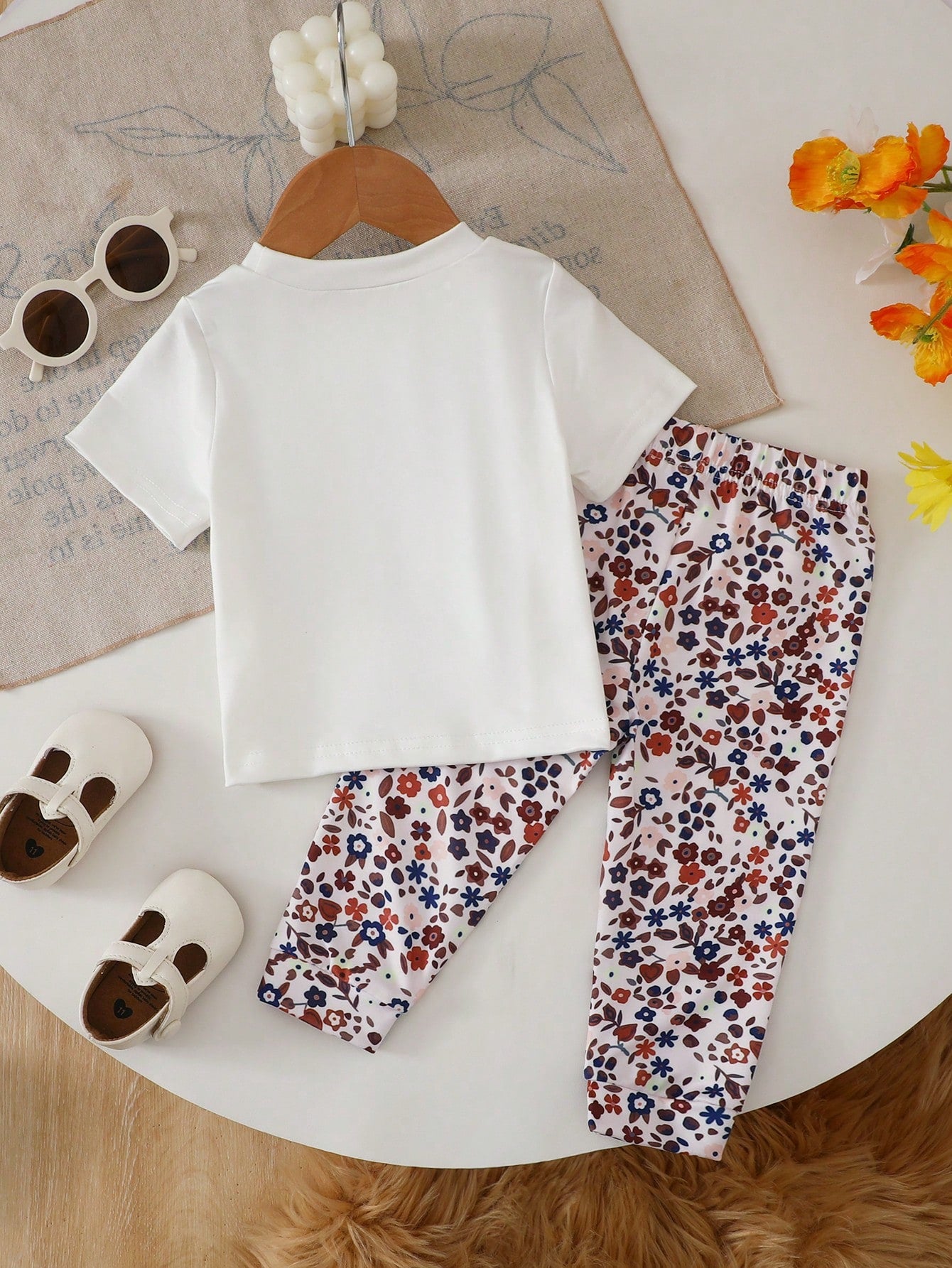 Infant/Toddler (Girl) Cute Bow Print White Round Neck Short Sleeve Top Paired With Comfortable Leopard Print Casual Spring/Summer Long Pants T-Shirt Set