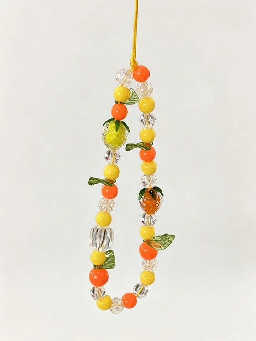 Ins Style Orange Yellow Tangerine Strawberry Glass Beaded Fruit Element Short Phone Chain Lanyard, Fashion Versatile Universal Beaded Hanging Chain, Suitable For CCD Camera Lanyard, Earphone Case Lany