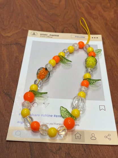 Ins Style Orange Yellow Tangerine Strawberry Glass Beaded Fruit Element Short Phone Chain Lanyard, Fashion Versatile Universal Beaded Hanging Chain, Suitable For CCD Camera Lanyard, Earphone Case Lany