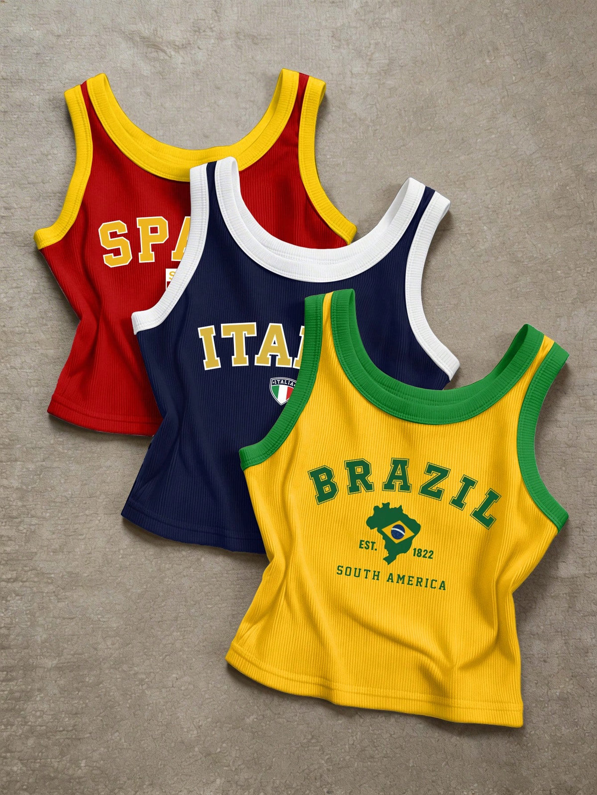 IslaSuriya 3pcs Brazil, Italy, Spain Slogan Graphic Print Women Round Neck Camisole,Soccer Fan