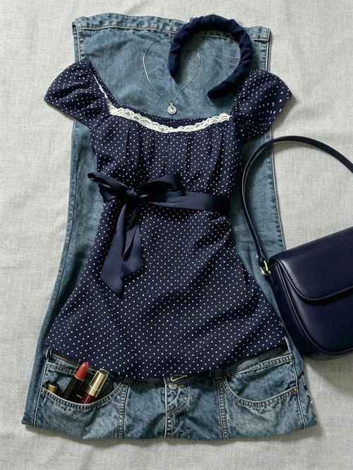 IslaSuriya Navy Blue Polka Dot Square Collar Petal Sleeve Tie Waist Blouse Polka Dot Top