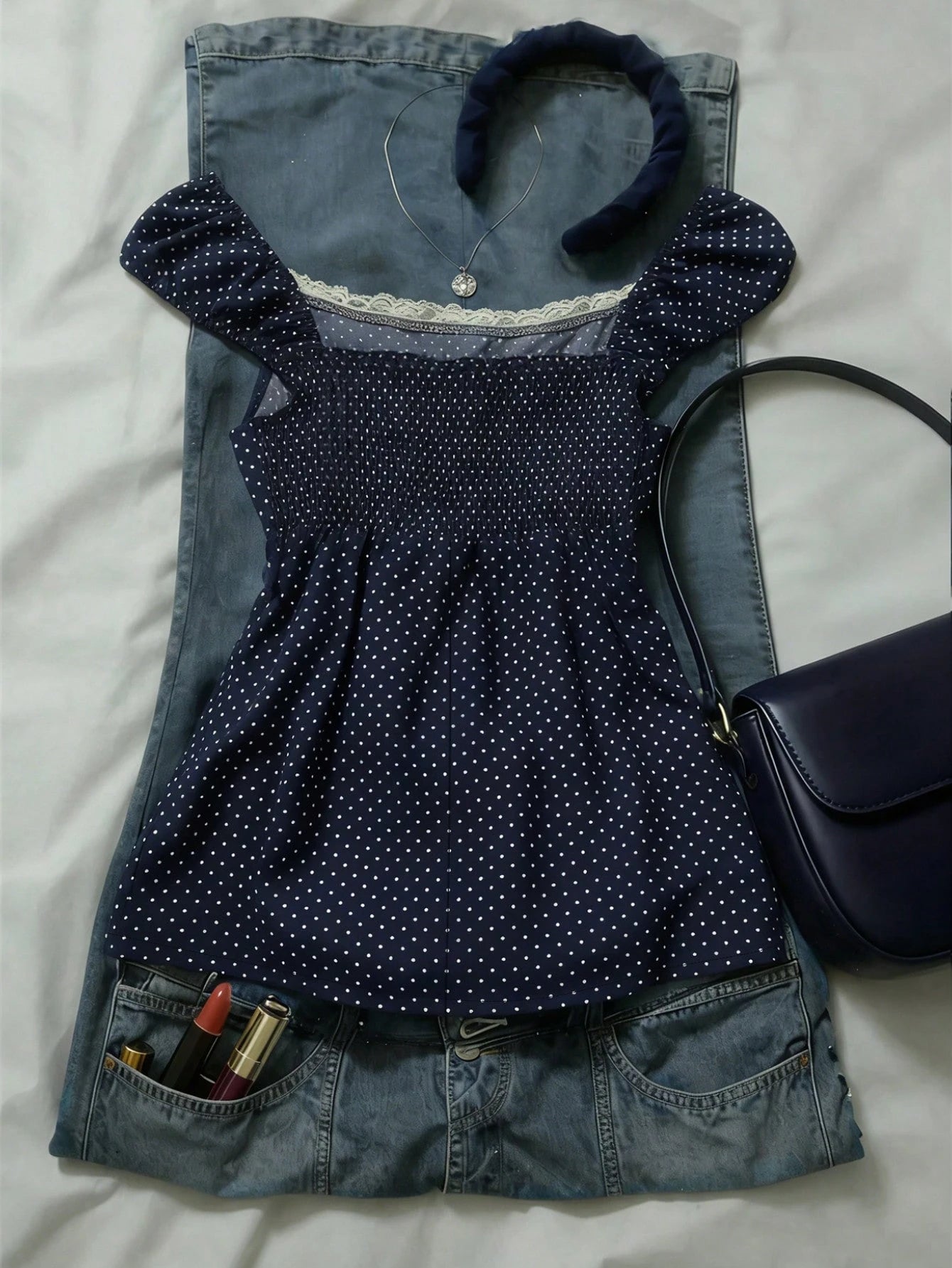 IslaSuriya Navy Blue Polka Dot Square Collar Petal Sleeve Tie Waist Blouse Polka Dot Top
