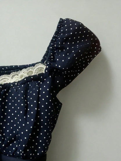 IslaSuriya Navy Blue Polka Dot Square Collar Petal Sleeve Tie Waist Blouse Polka Dot Top