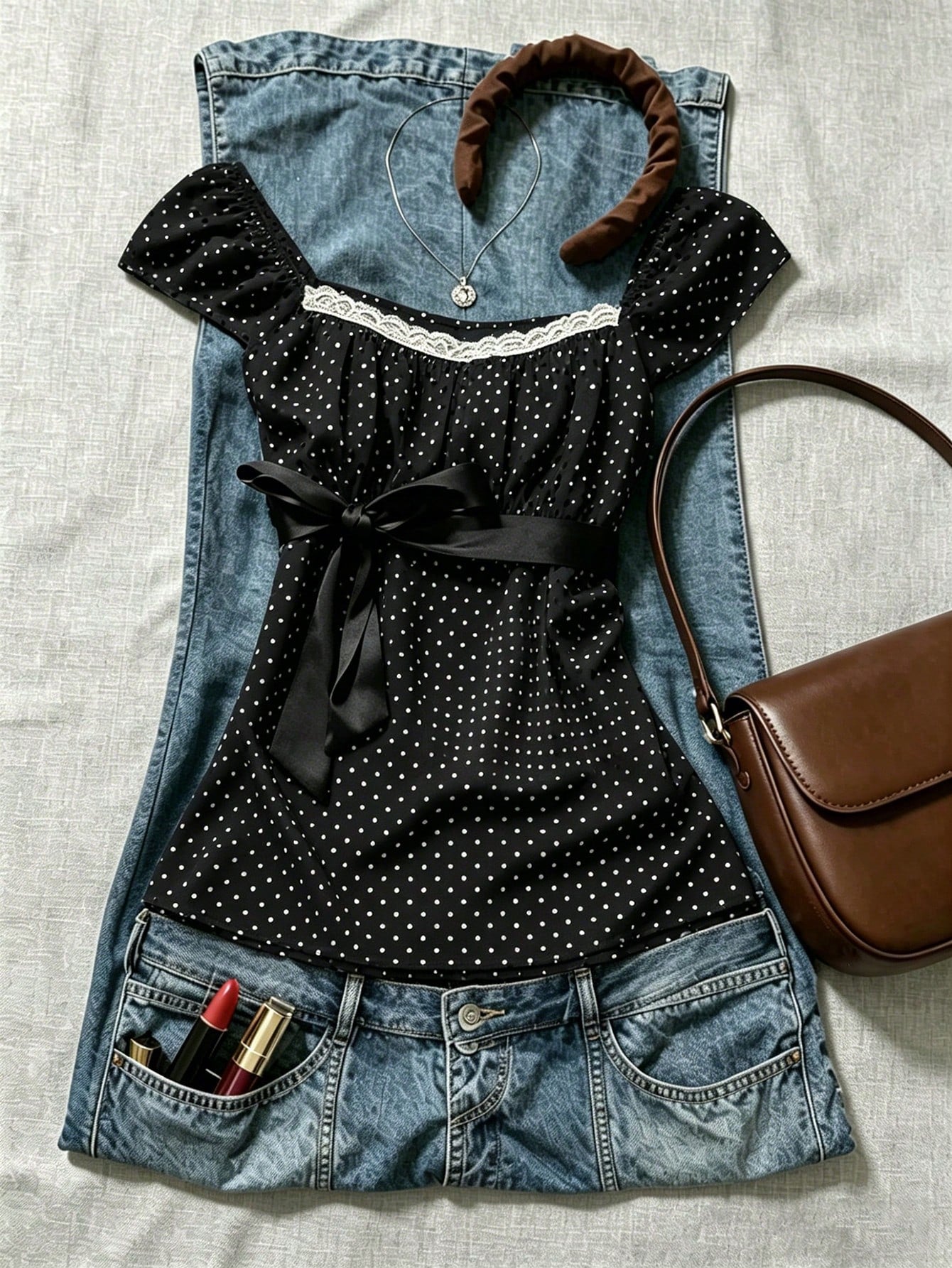 IslaSuriya Navy Blue Polka Dot Square Collar Petal Sleeve Tie Waist Blouse Polka Dot Top