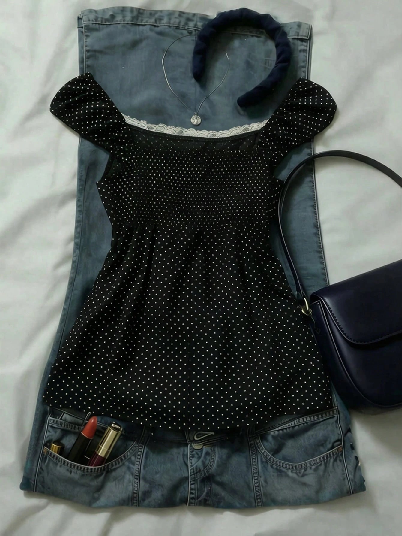 IslaSuriya Navy Blue Polka Dot Square Collar Petal Sleeve Tie Waist Blouse Polka Dot Top