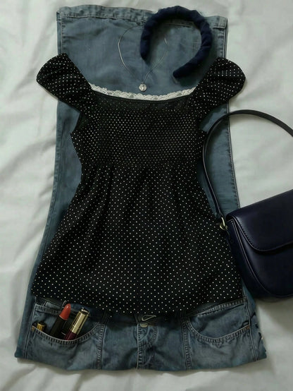 IslaSuriya Navy Blue Polka Dot Square Collar Petal Sleeve Tie Waist Blouse Polka Dot Top