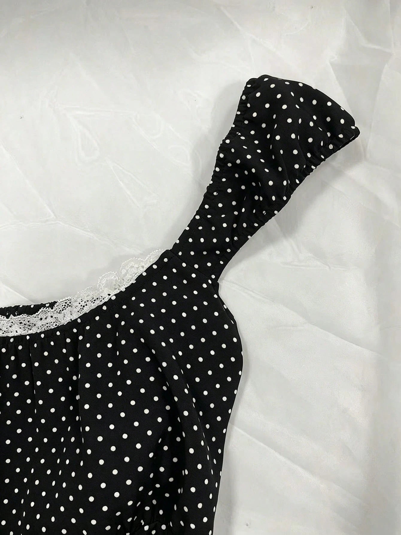 IslaSuriya Navy Blue Polka Dot Square Collar Petal Sleeve Tie Waist Blouse Polka Dot Top