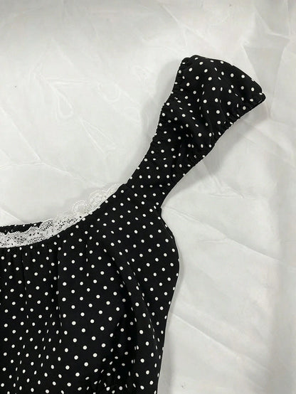 IslaSuriya Navy Blue Polka Dot Square Collar Petal Sleeve Tie Waist Blouse Polka Dot Top