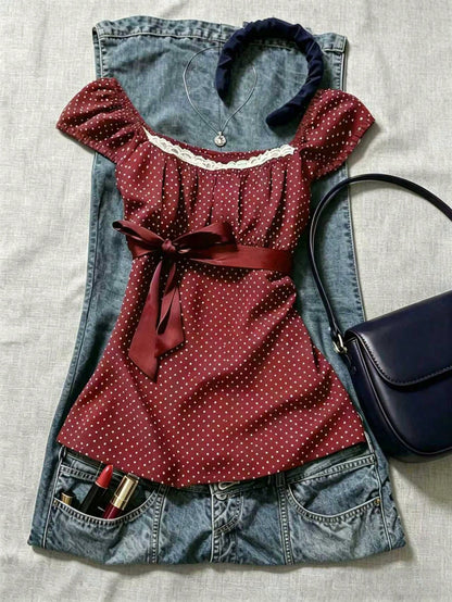 IslaSuriya Navy Blue Polka Dot Square Collar Petal Sleeve Tie Waist Blouse Polka Dot Top