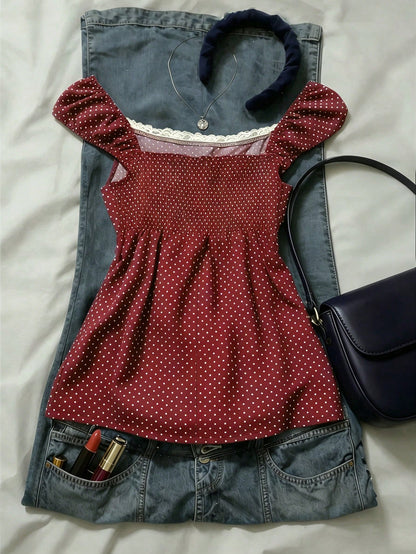 IslaSuriya Navy Blue Polka Dot Square Collar Petal Sleeve Tie Waist Blouse Polka Dot Top