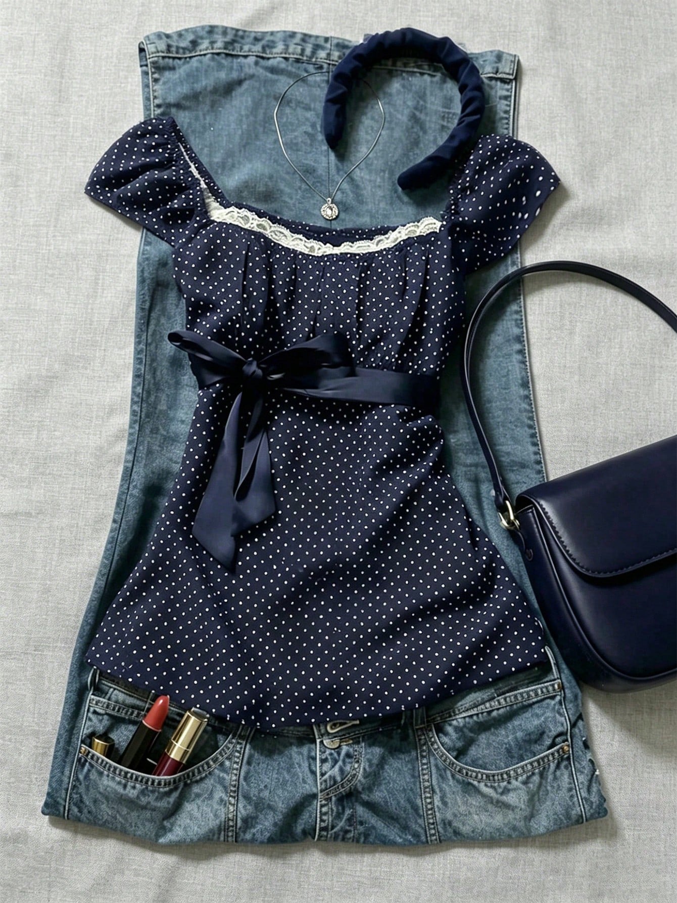 IslaSuriya Navy Blue Polka Dot Square Collar Petal Sleeve Tie Waist Blouse Polka Dot Top