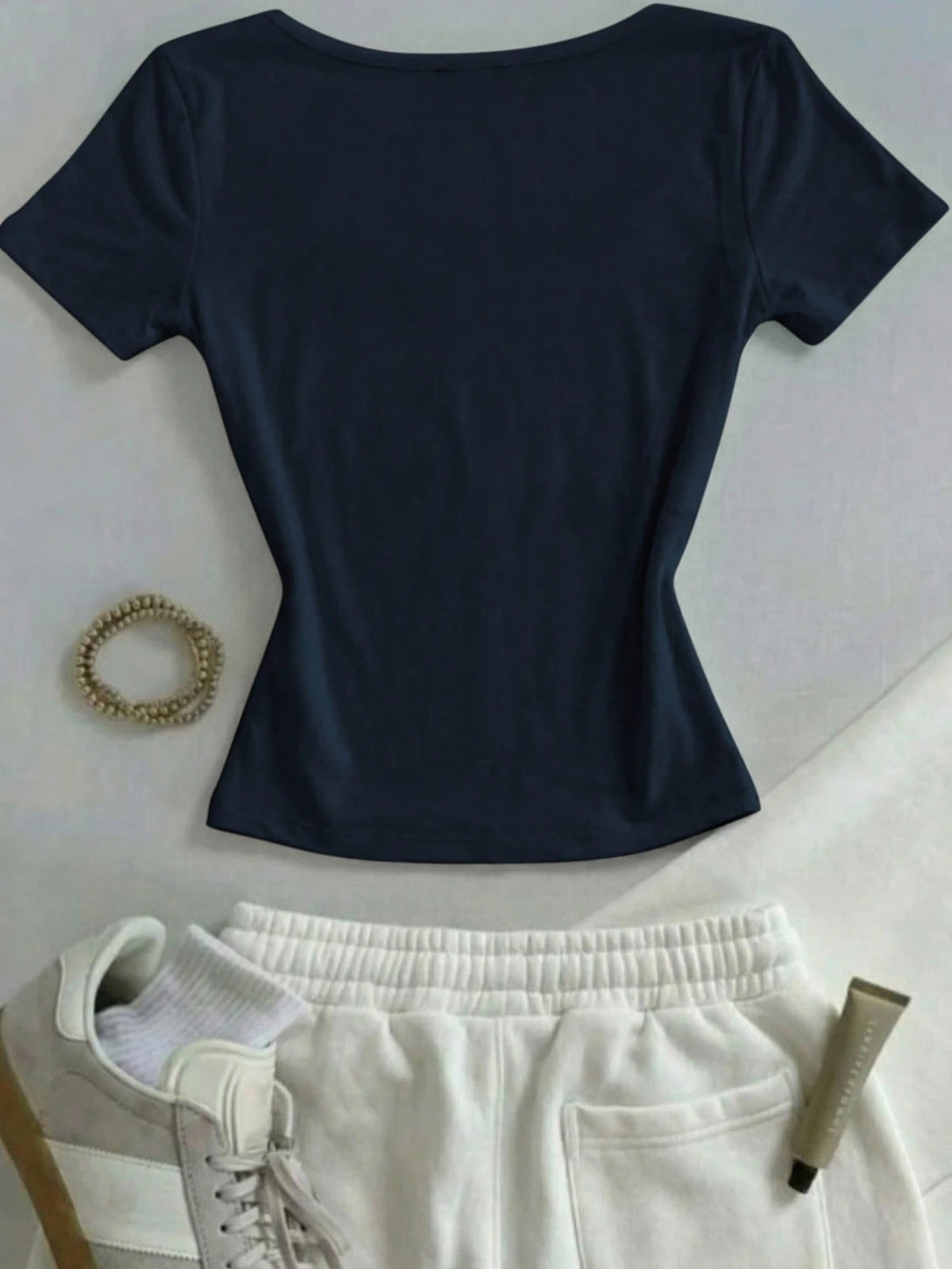 IslaSuriya Navy Blue Square-Neck Short-Sleeve T-Shirt,Chic Elegant Everyday Summer Casual Minimalist Style Top,Perfect Gift For Mom,Sisters Mother's Day Wear