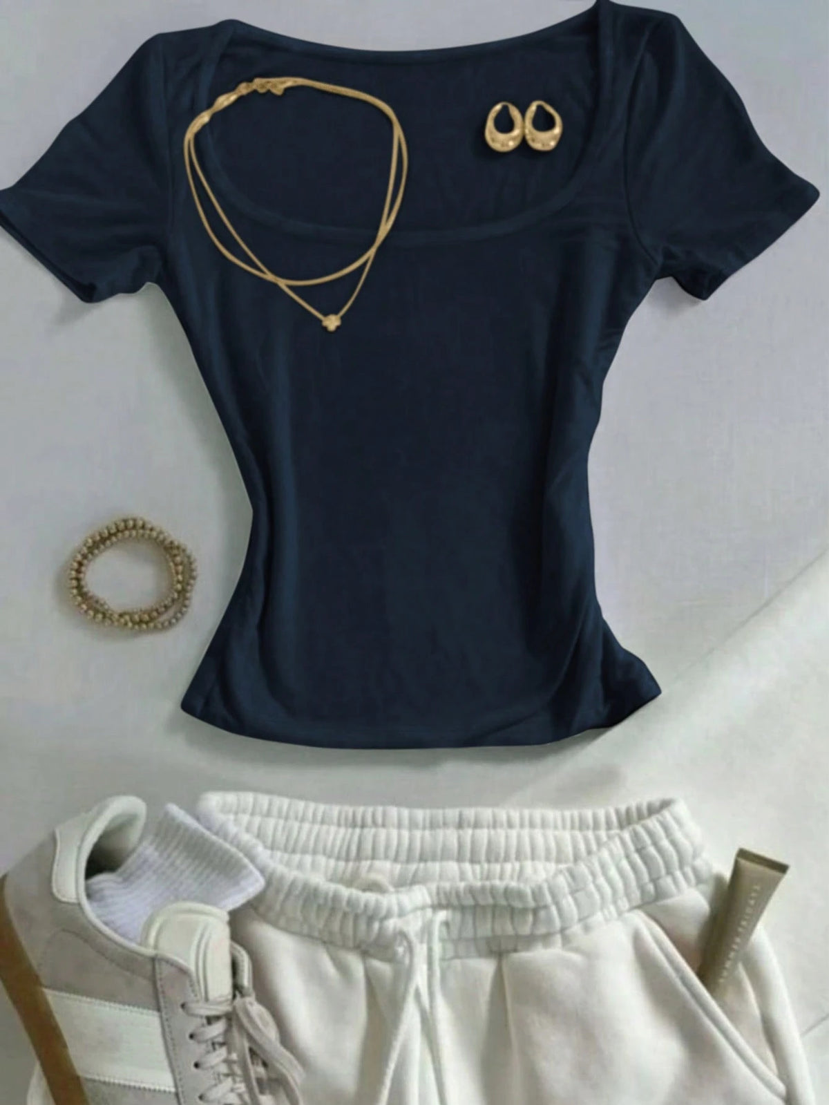 IslaSuriya Navy Blue Square-Neck Short-Sleeve T-Shirt,Chic Elegant Everyday Summer Casual Minimalist Style Top,Perfect Gift For Mom,Sisters Mother's Day Wear