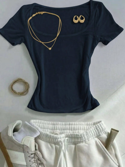 IslaSuriya Navy Blue Square-Neck Short-Sleeve T-Shirt,Chic Elegant Everyday Summer Casual Minimalist Style Top,Perfect Gift For Mom,Sisters Mother's Day Wear