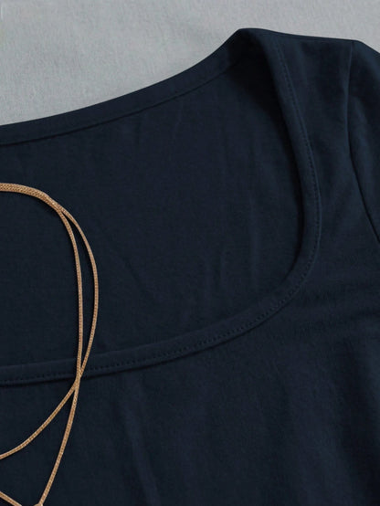 IslaSuriya Navy Blue Square-Neck Short-Sleeve T-Shirt,Chic Elegant Everyday Summer Casual Minimalist Style Top,Perfect Gift For Mom,Sisters Mother's Day Wear