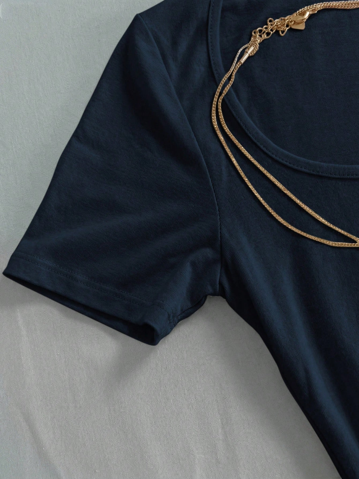 IslaSuriya Navy Blue Square-Neck Short-Sleeve T-Shirt,Chic Elegant Everyday Summer Casual Minimalist Style Top,Perfect Gift For Mom,Sisters Mother's Day Wear