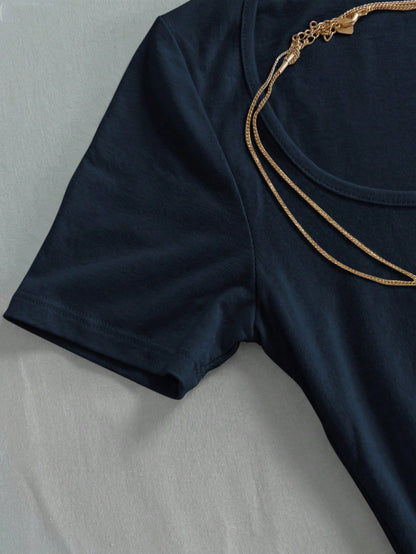 IslaSuriya Navy Blue Square-Neck Short-Sleeve T-Shirt,Chic Elegant Everyday Summer Casual Minimalist Style Top,Perfect Gift For Mom,Sisters Mother's Day Wear