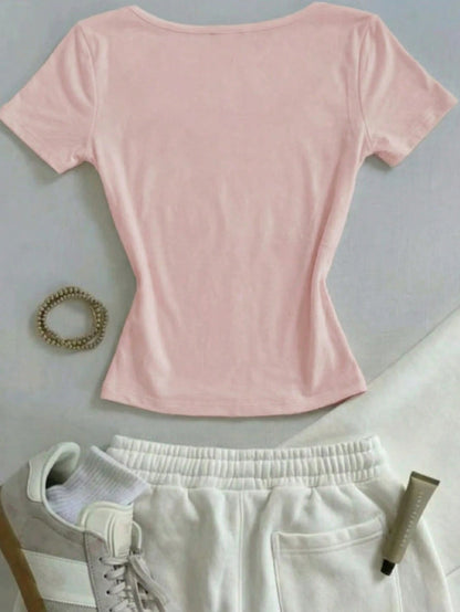IslaSuriya Navy Blue Square-Neck Short-Sleeve T-Shirt,Chic Elegant Everyday Summer Casual Minimalist Style Top,Perfect Gift For Mom,Sisters Mother's Day Wear
