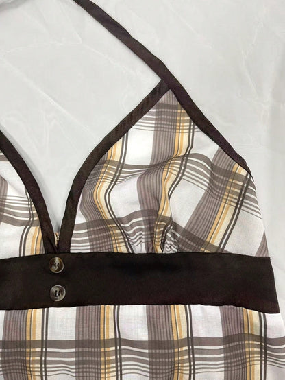 IslaSuriya Plus Size Women Plaid Halter Neck Cinched Waist Top