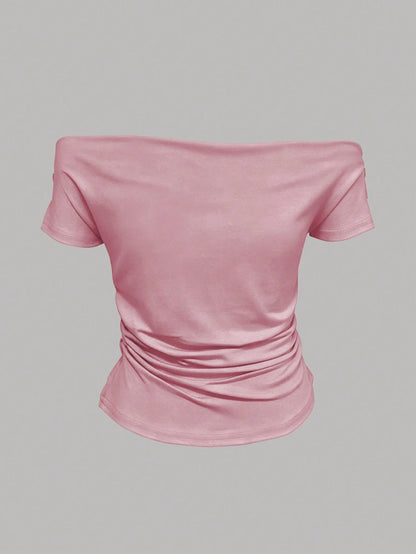 IslaSuriya Women's Solid Color Minimalist Off-Shoulder T-Shirt, Everyday Wear