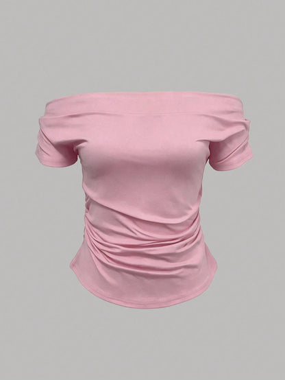IslaSuriya Women's Solid Color Minimalist Off-Shoulder T-Shirt, Everyday Wear